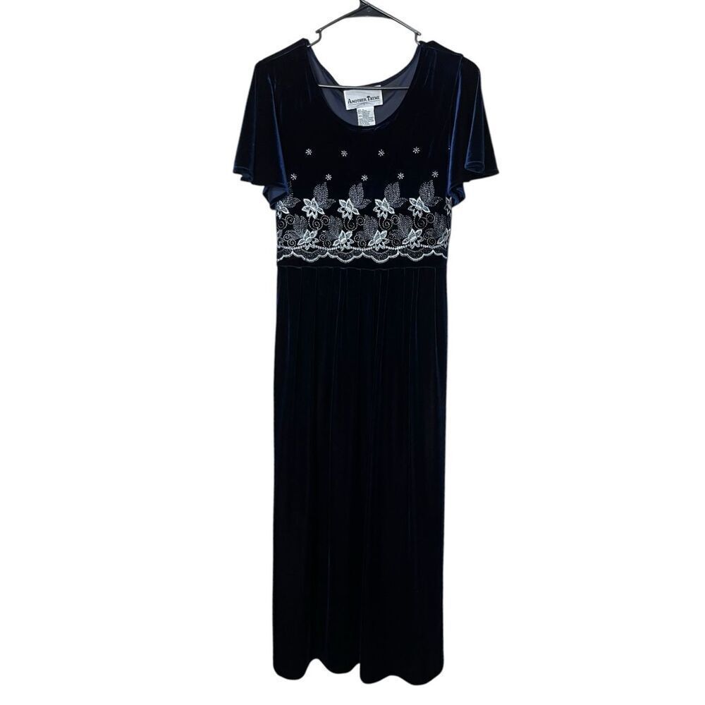 Vintage Another Thyme Blue Velvet Maxi Dress Embroidered Flowers Size 10